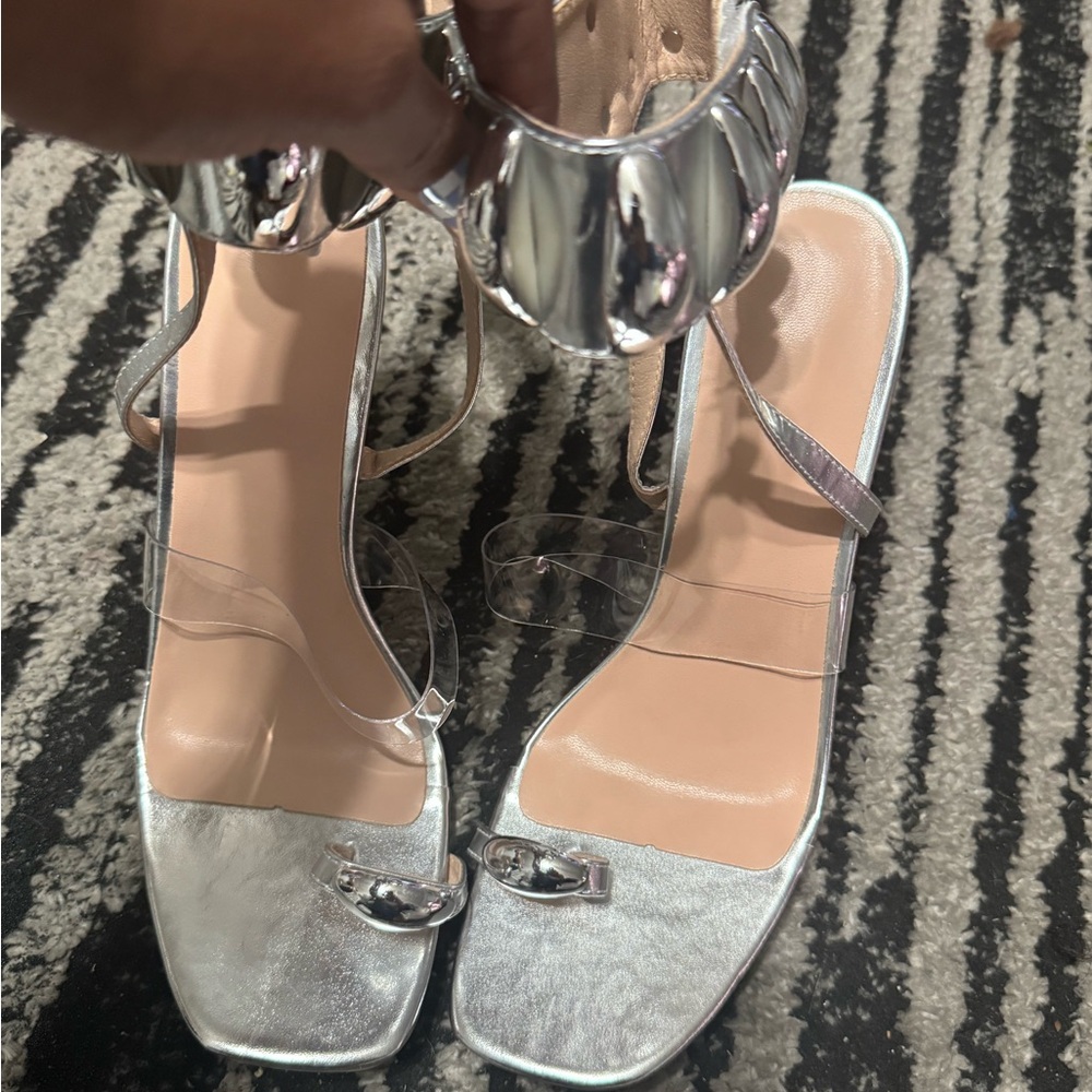 SHEIN Silver Metallic Clear-Strap Square-Toe Heels